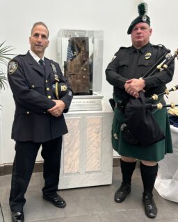 New York City Police Department Detective Michael A. Straniere, ’89 (left), and North Charleston Police Department Officer James F. Ryan III, ’96 (right), attended The Citadel’s September 11 Memorial Ceremony at Capers Hall.