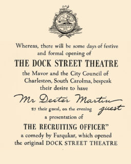 On November 26, 1937, Citadel cadets and College of Charleston students served as ushers at the opening of the newly renovated Dock Street Theatre for a production of the Restoration comedy, “The Recruiting Officer."

https://scholarcommons.sc.edu/cgi/viewcontent.cgi?article=4549&context=etd&fbclid=IwY2xjawNkQstleHRuA2FlbQIxMABicmlkETBzOUQ4NUhEbWh0VmFzclRPAR5ygskFS1XBcq0xnr7lWXnVpeFbDf8kZZqdNU2MN9Zc2wnY0UlrXGRVTOpnaA_aem_vAnsBoTIjgNjxJUShi5SmQ