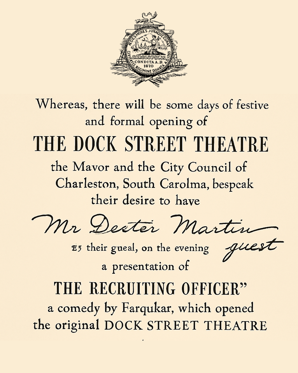 On November 26, 1937, Citadel cadets and College of Charleston students served as ushers at the opening of the newly renovated Dock Street Theatre for a production of the Restoration comedy, “The Recruiting Officer."

https://scholarcommons.sc.edu/cgi/viewcontent.cgi?article=4549&context=etd&fbclid=IwY2xjawNkQstleHRuA2FlbQIxMABicmlkETBzOUQ4NUhEbWh0VmFzclRPAR5ygskFS1XBcq0xnr7lWXnVpeFbDf8kZZqdNU2MN9Zc2wnY0UlrXGRVTOpnaA_aem_vAnsBoTIjgNjxJUShi5SmQ