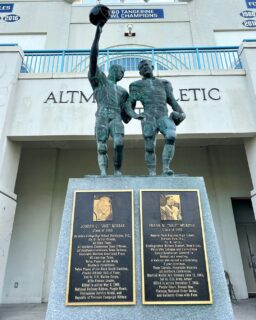 1LT Frank Monroe (Skip) Murphy, USA, '65, was killed in action on December 7, 1966, in South Vietnam by a land mine while rescuing members of his platoon who were in a firefight after being jumped from behind by the Vietcong. Murphy is memorialized along with 2ndLt Joseph C. Missar, USMC, '65, with a bronze statue, located in Johnson Hagood Stadium, in the photograph here. Missar was killed in action by a mine in the Quan Nam Province of Vietnam on May 6, 1966. The statue honors all Citadel Alumni who died in the Vietnam War.