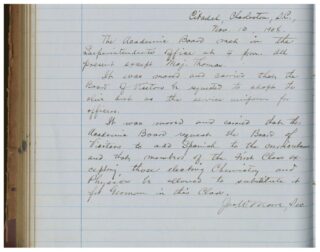 November 13, 1908: It was moved and carried that the Academic Board request the Board of Visitors to add Spanish to the curriculum and that members of the First Class excepting those electing Chemistry and Physics to be allowed to substitute it for German in this Class.

library.citadel.edu/c.php?g=1205454&p=8815696