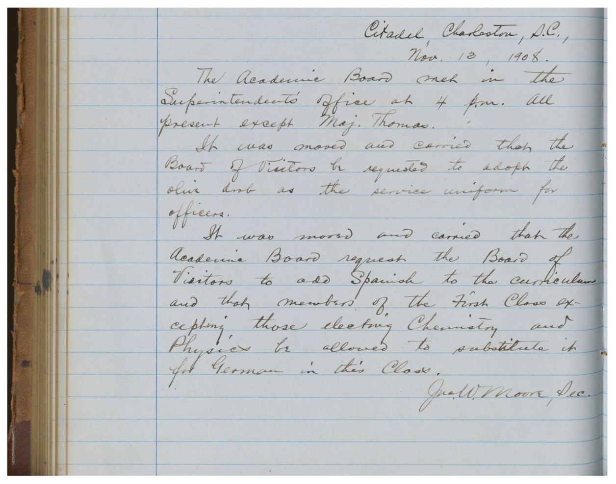 November 13, 1908: It was moved and carried that the Academic Board request the Board of Visitors to add Spanish to the curriculum and that members of the First Class excepting those electing Chemistry and Physics to be allowed to substitute it for German in this Class.

library.citadel.edu/c.php?g=1205454&p=8815696