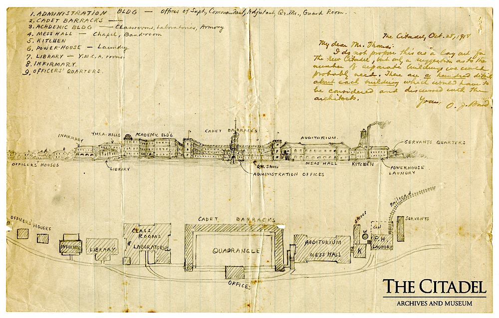 Sketch of the proposed new Citadel campus by Oliver J. Bond, October 28, 1918 
- From The Citadel Archives
https://citadeldigitalarchives.omeka.net/items/show/461