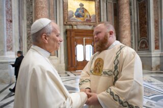 Rev. Paul T. Sizemore, ’13, served as deacon at the Canonization Mass with Pope Leo XIV on Oct. 19, 2025, in Saint Peter’s Square, Vatican City.