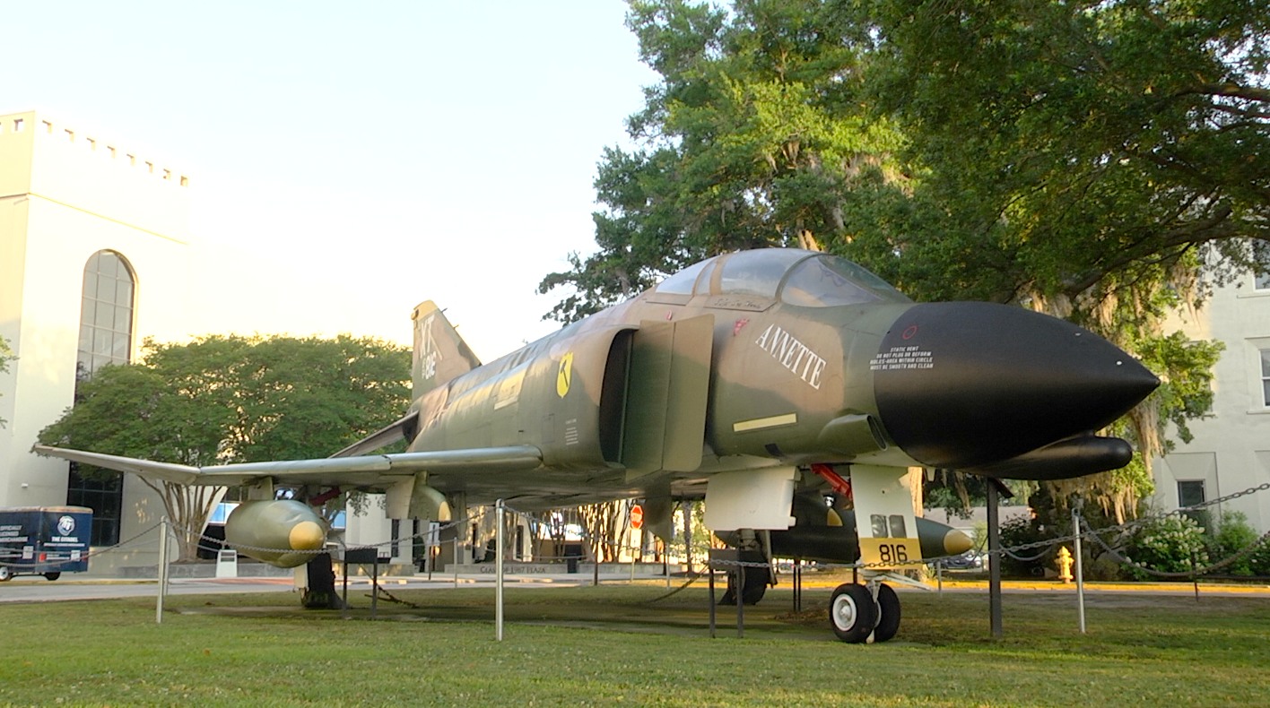 This distinguished fighter-bomber is dedicated to The Citadel graduates who lost their lives during the Southeast Asia Conflict. It was flown on its final flight to Charleston Air Force Base on 29 November 1986 by Lt Gen Buck Shuler, '59, and Garry Chesnutt, '81. 

From The Historical Marker Database, hmdb.org