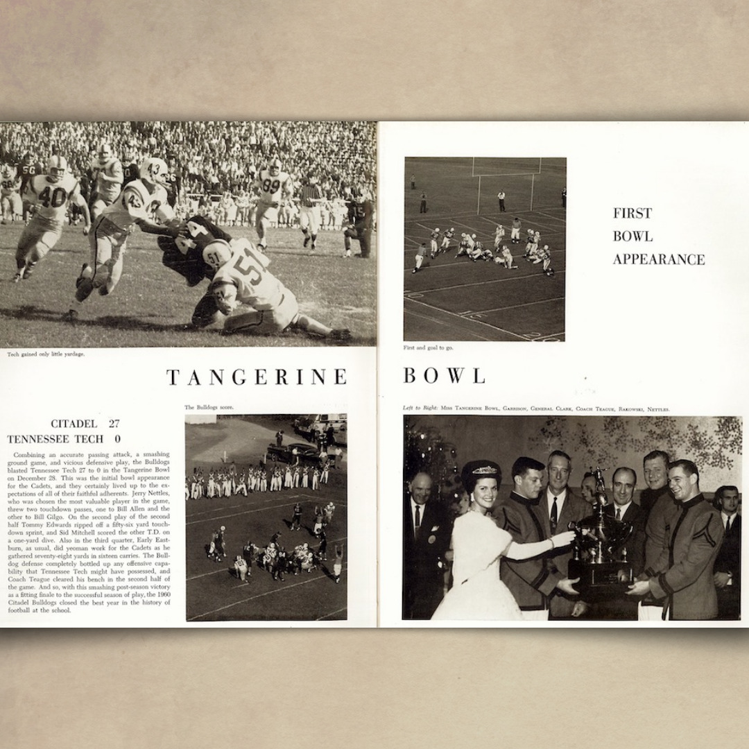 On December 30, 1960, The Citadel Football participated in and won its only bowl game appearance. The Bulldogs beat Tennessee Tech 27-0 in the Tangerine Bowl, Orlando, Fla.
Go Dogs!