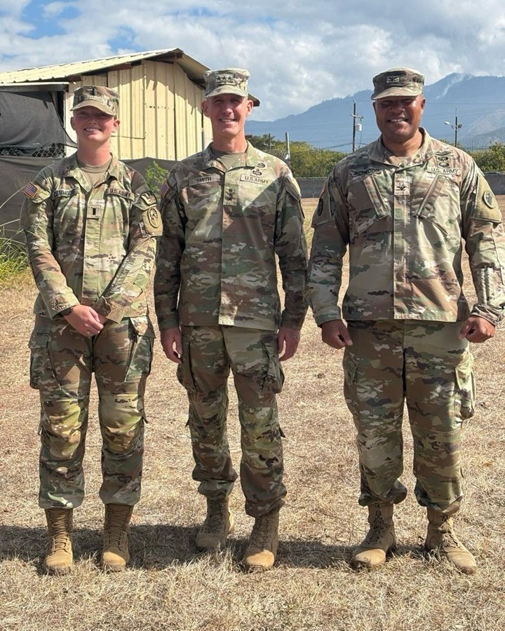 1LT Caitlin L. Curmode, USA, ’24 (left); LTG Stephen B. Smith, USA, ’91 (center); and COL Brian H. Astwood, USA, ’99 (right); were together in February at Soto Cano Airbase in Comoyagua, Honduras, during Smith’s visit to assess the base.