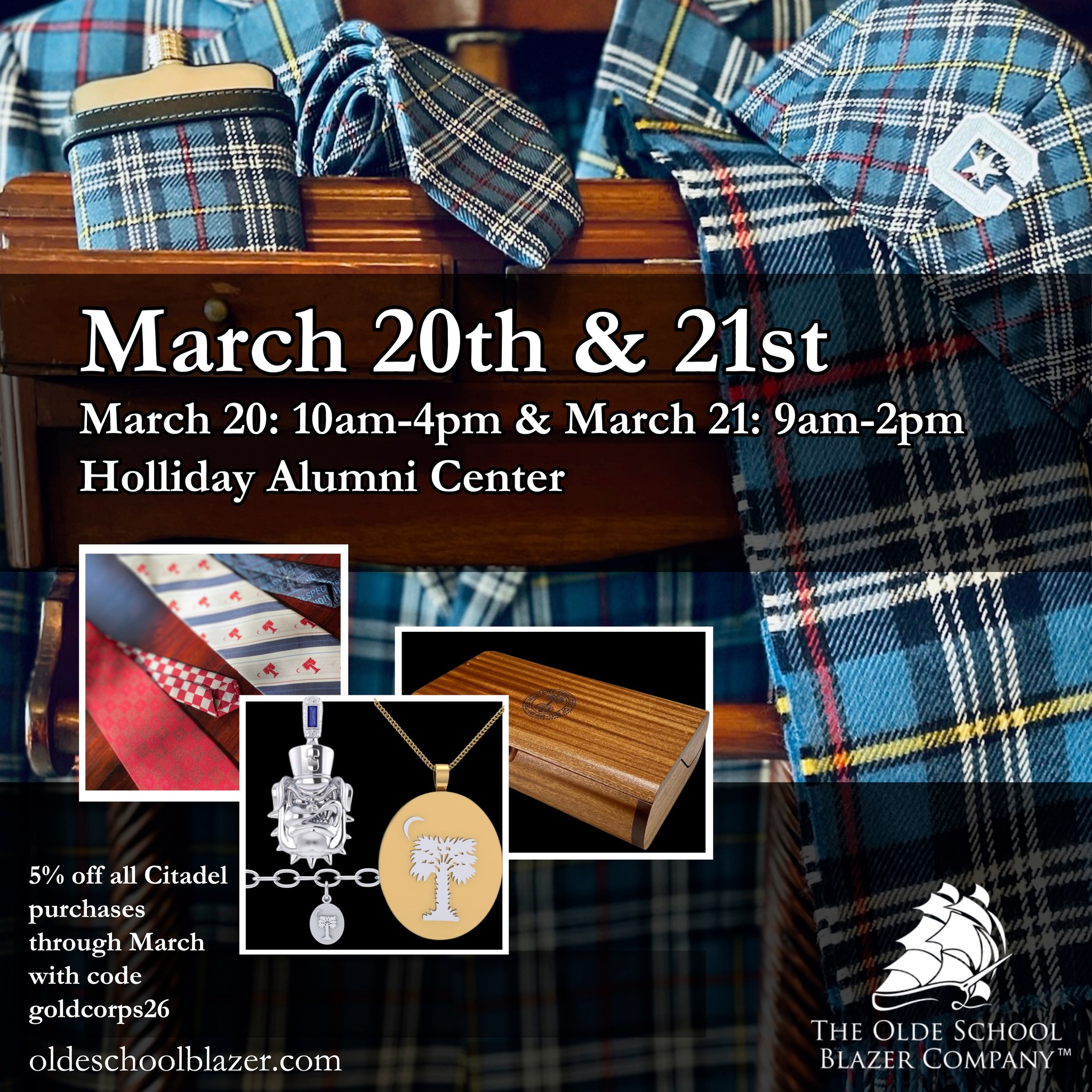 The Olde School Blazer Company will be in the Holliday Alumni Center on March 20 from 10am to 4pm and March 21 from 9am to 2pm for our Gold Corps Reunion, a part of Corps Day Weekend. 

Olde School is an officially licensed affinity program, which means a portion of their sales will come back to The Citadel.

oldeschoolblazer.com/schools/citadel/