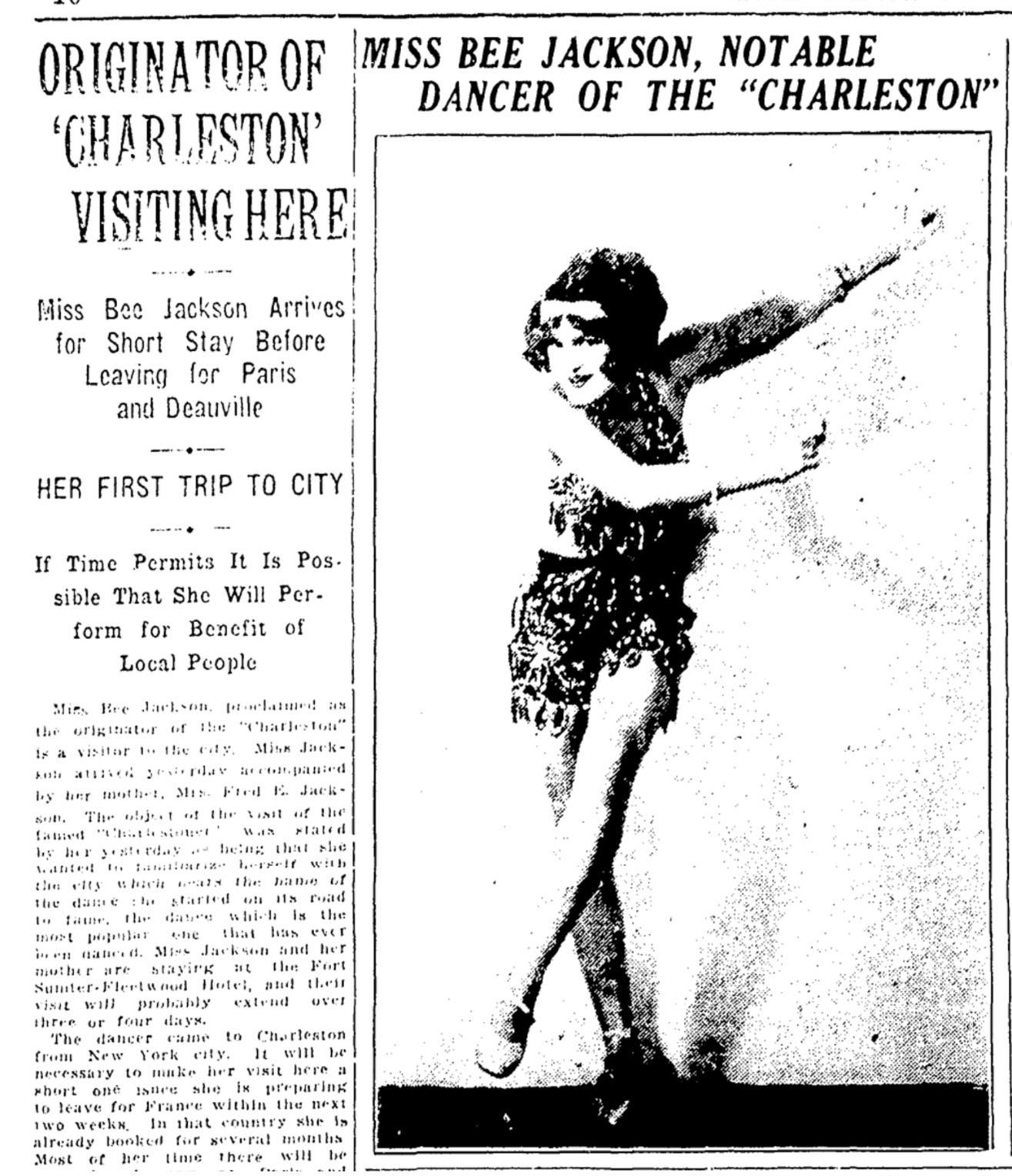 April 15, 1926: The News and Courier announced a visit to Charleston by Broadway dancer Bee Jackson, popularly billed as “the originator” of the Charleston dance. Jackson gained national fame during the Roaring Twenties for popularizing the high-energy dance craze that shared its name with the Holy City.
During her visit, Jackson participated in social activities with cadets at The Citadel. She and her mother also attended a parade on campus.
ccpl.org/charleston-time-machine/bee-jacksons-1926-visit-charleston-behind-scenes
