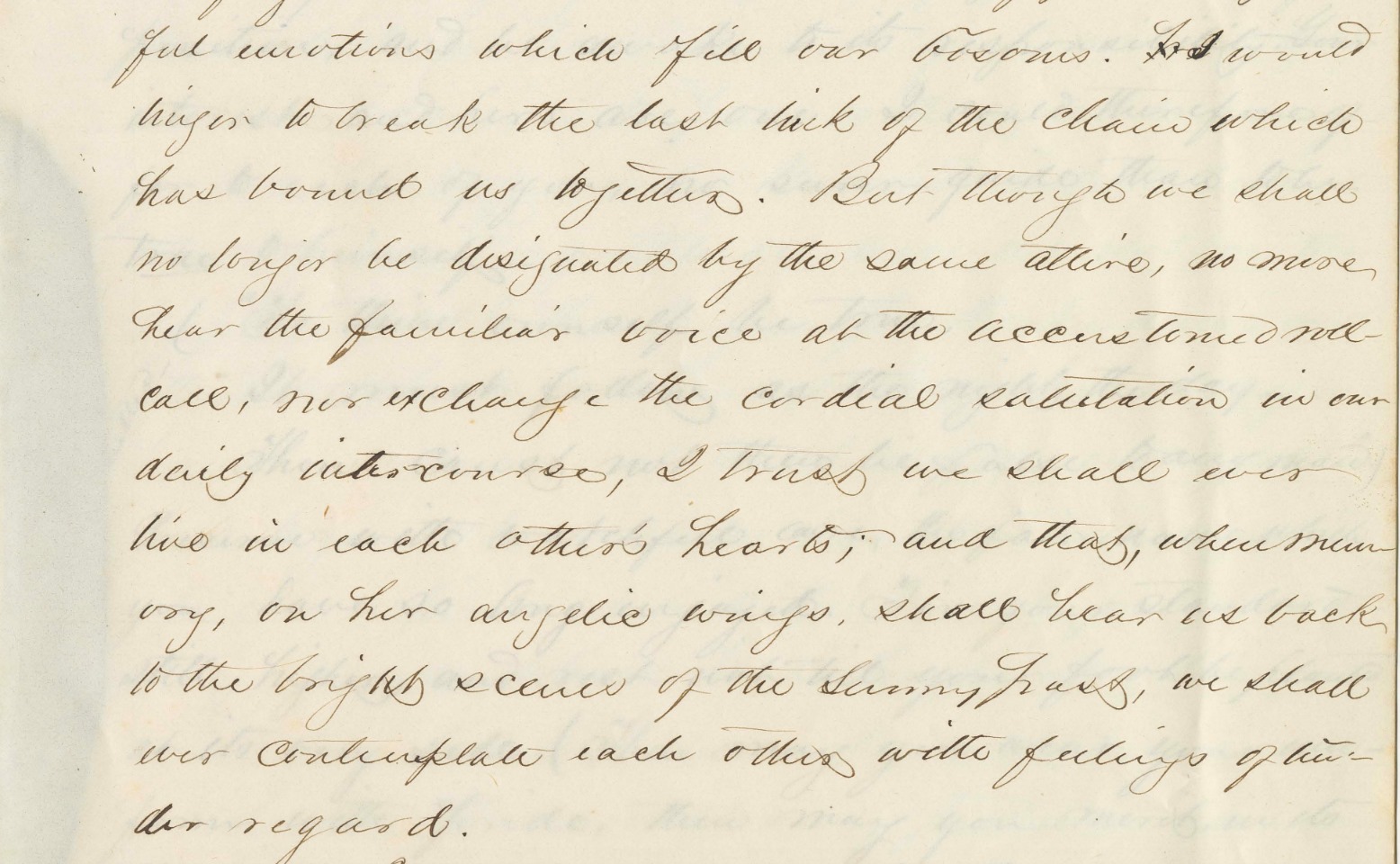From the valedictory address of Thomas Hart Law, Class of 1859, April 9, 1859:

"But though we shall no longer be designated by the same attire, no more hear the familiar voice at the accustomed roll call, nor exchange the cordial salutation in our daily intercourse, I trust we shall ever live in each other's hearts; and that, when memory, on her angelic wings, shall bear us back to the bright scenes of the sunny past, we shall ever contemplate each other with feelings of tender regard."

https://citadeldigitalarchives.omeka.net/items/show/1213