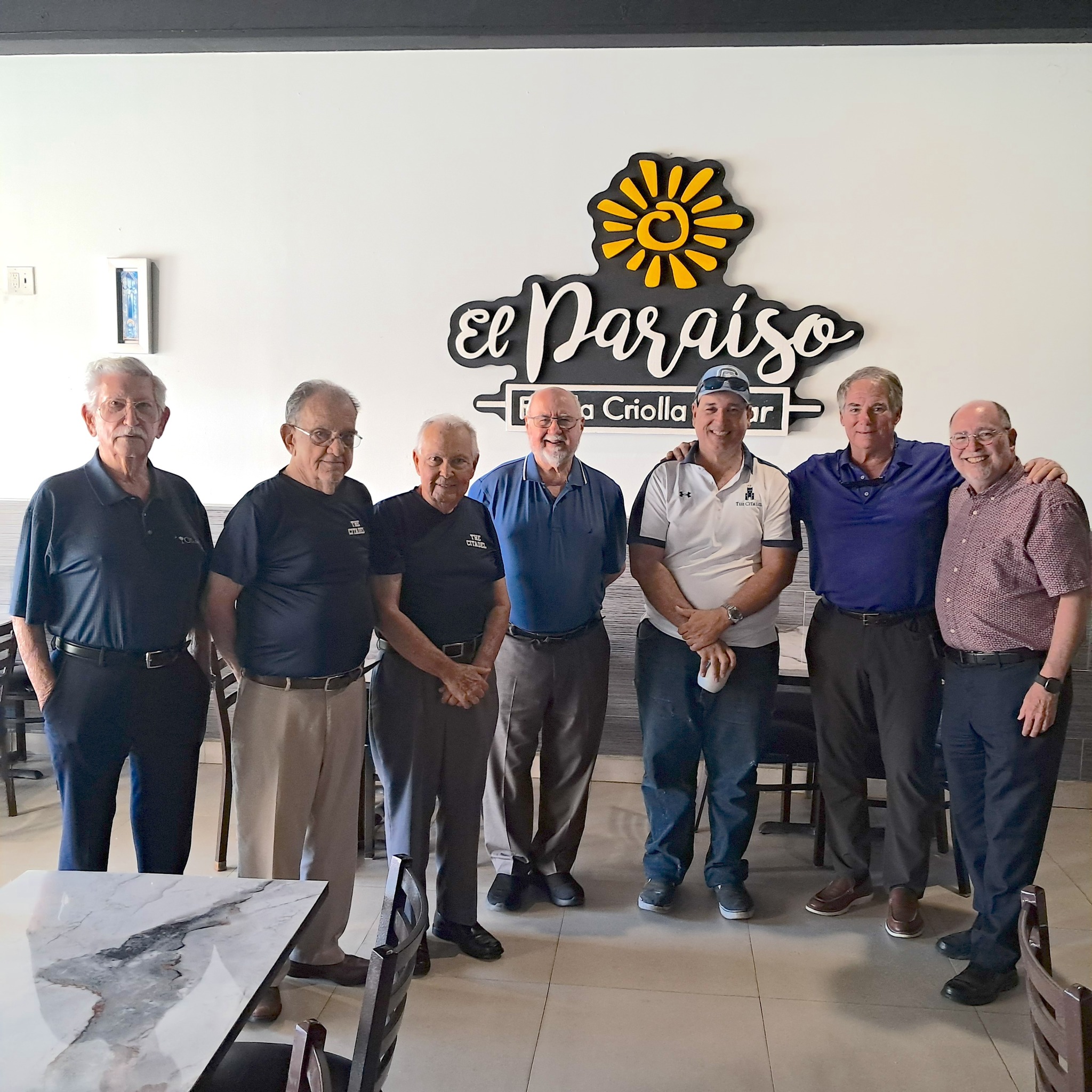 The Puerto Rico Citadel Club gathered for its annual Muster, with the following alumni present (from left to right): Billy del Toro, ’58; Mike Limeres, ’58; Felix Torres, ’60; Ivan Dominguez, ’64; Jimmy Colon, ’78; Blas Contreras, ’80; and Francisco Parga, ’82.