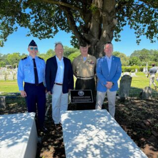The first president of The Citadel, CPT William F. Graham, USA, was born in Newberry, SC, on June 15, 1818.
On June 11, 2024, representatives from The Citadel and the City of Newberry dedicated a plaque at Graham's grave to memorialize his significant impact on The Citadel. Shown here are (left to right) The Citadel Chaplain Lt Col S. Aaron Meadows, USAFR, '04; Newberry Mayor Foster Senn; The Citadel President Gen Glenn M. Walters, USMC, Ret., '79; and former CAA President Norman A. Poole, Jr., '90.
Graham graduated from the U.S. Military Academy at West Point in 1838 and served as The Citadel's president from February 24, 1843, until his death on April 26, 1844.