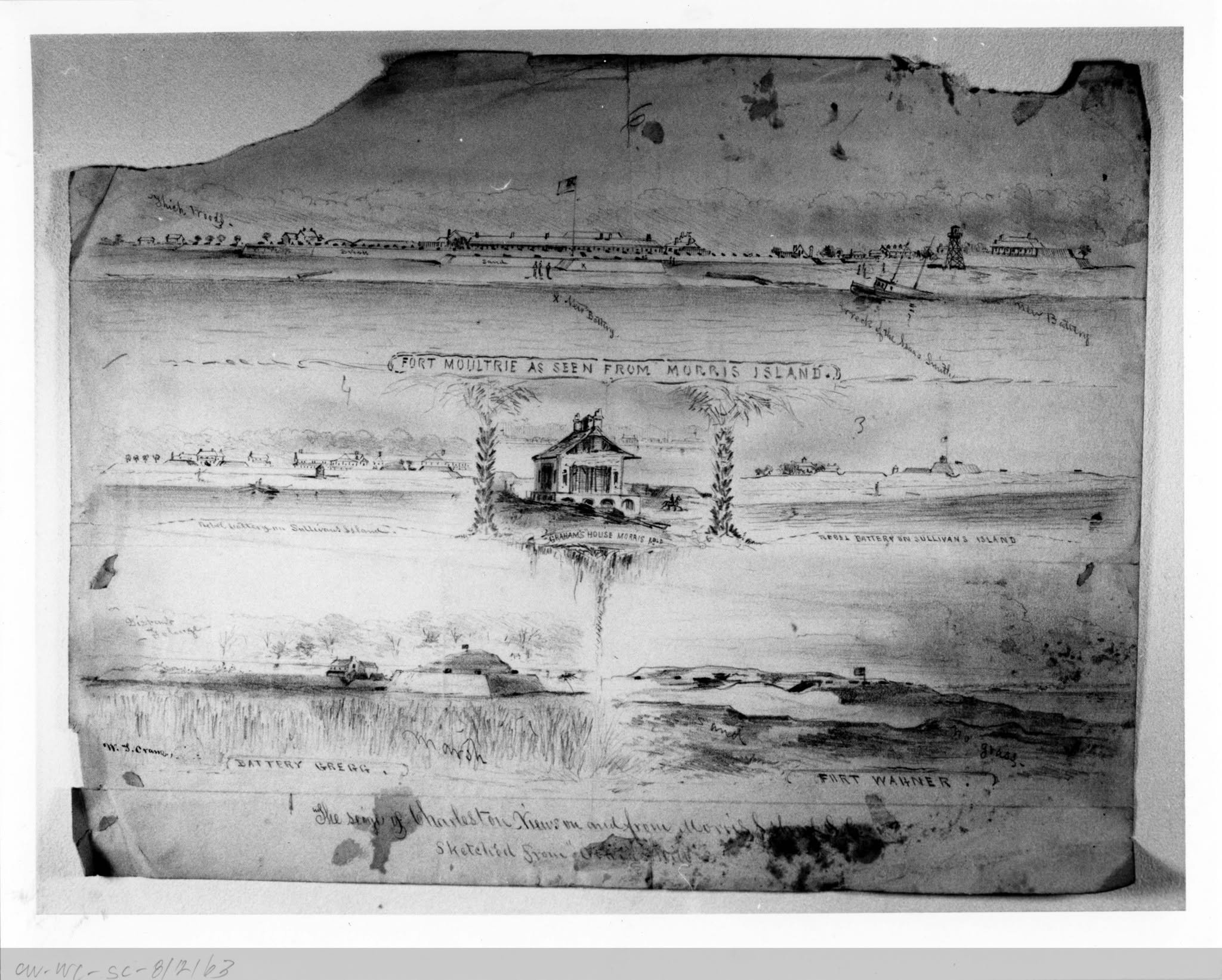 August 12, 1863: Drawings from Morris Island by W.T. Crane from The Becker Collection at Boston College.

"Throughout the Civil War, Crane worked as a “special artist” for Frank Leslie’s Illustrated Newspaper, which published 244 of his drawings. In addition, under orders from General Quincy A. Gilmore, Crane drew a series of sequential views of Fort Sumter in Charleston Harbor in the summer of 1863 depicting the stages of the fort’s demolition during a prolonged Union bombardment."

Crane, W. T., “The Siege of Charleston - Views on and From Morris Island, South Carolina,” The Becker Collection, accessed June 17, 2024, https://beckercollection.bc.edu/items/show/2786.