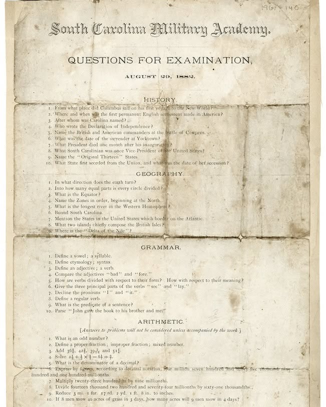 Questions for Entrance Examination, August 29, 1882.

https://citadeldigitalarchives.omeka.net/items/show/464