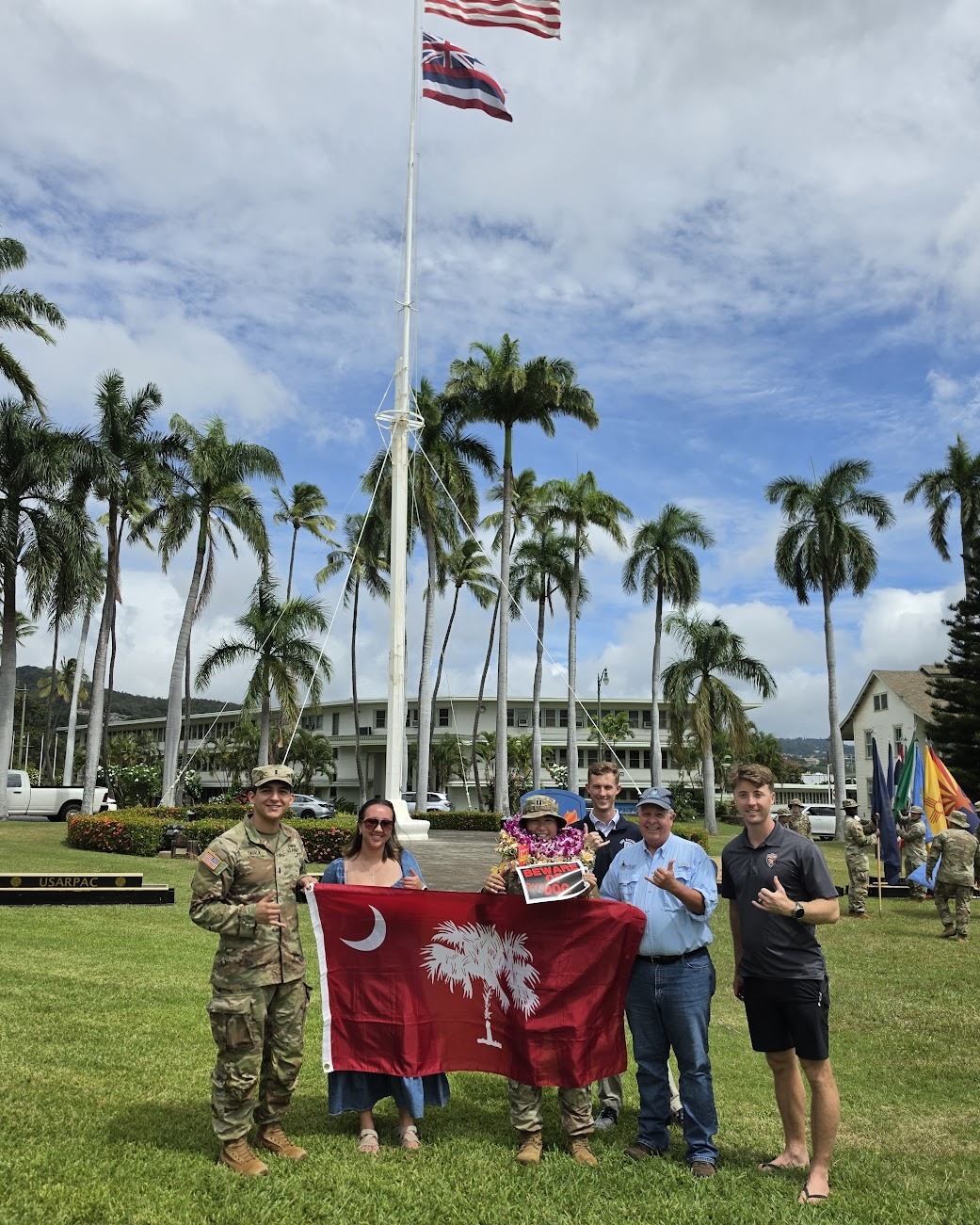 On September 25, members of the Hawaii Citadel Club turning out at Fort Shafter in support for member of the Class of 2021 Michelle Banzon's change of command ceremony were (left to right) Mike Zavala '23, Sarah Norton '23, Banzon, Jaret Price '22, Bob Harter '81, and James Jenkins, '16.