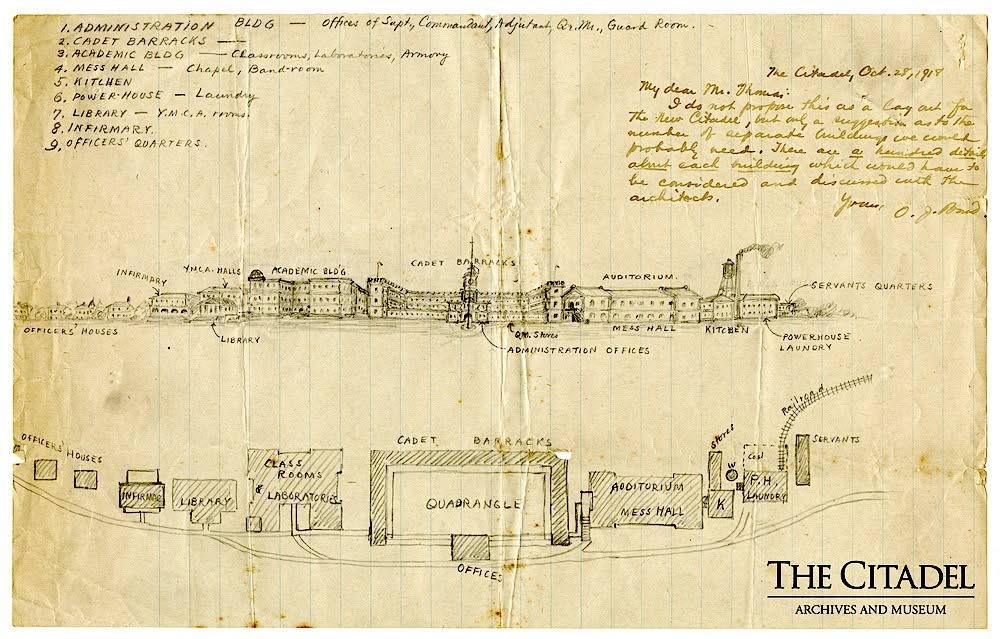 Sketch of the proposed new Citadel campus by Oliver J. Bond, October 28, 1918 
- From The Citadel Archives
https://citadeldigitalarchives.omeka.net/items/show/461